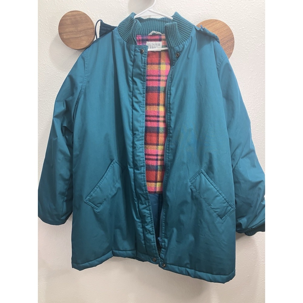 VTG Windsor Bay Heavy Coat Teal Insulated Pink Flannel Lining Removable Hood